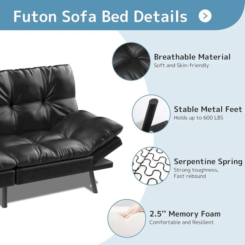 Convertible Futon Sofa Bed with Memory Foam, Black Faux Leather Loveseat