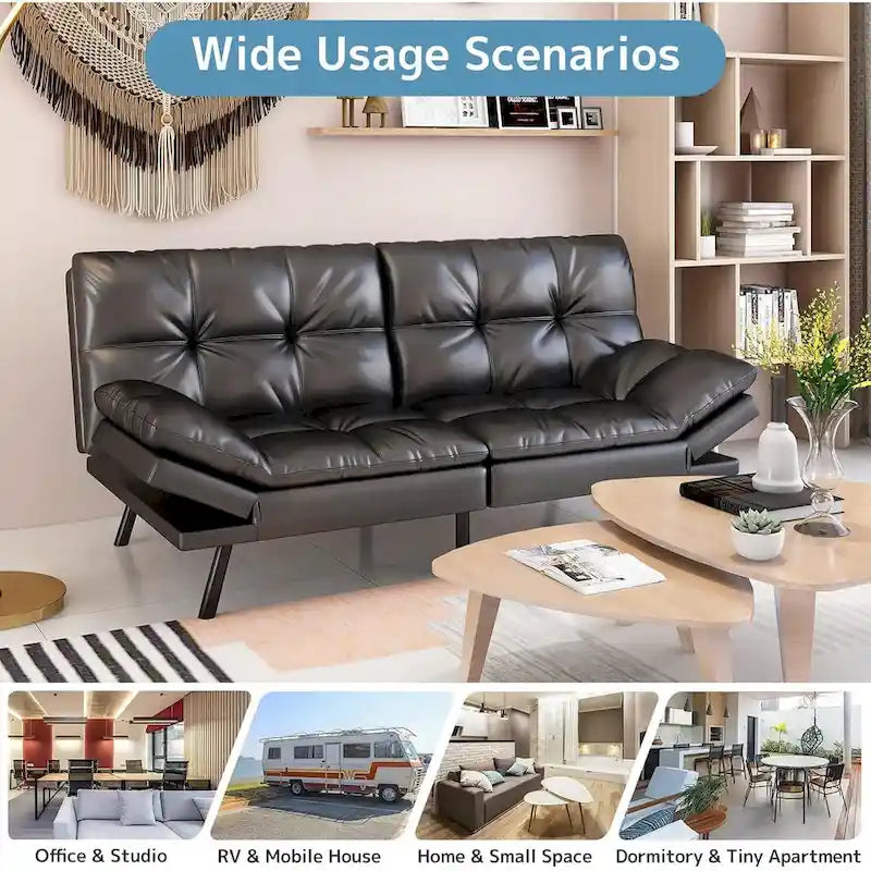 Umwandelbares Futon-Schlafsofa mit Memory-Schaum und Zweisitzer aus schwarzem Kunstleder