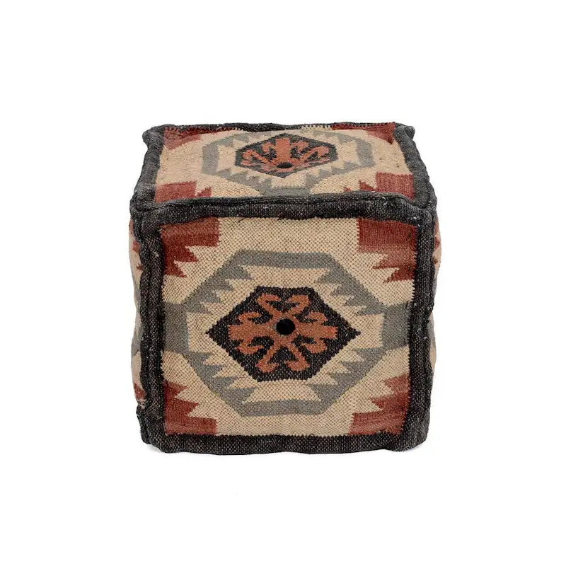 Handmade Kilim Wool Jute Square Pouf Ottoman Beige Rust Blue