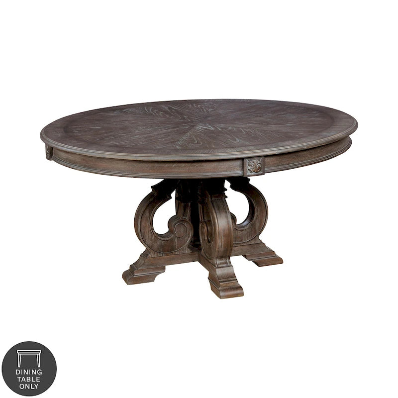 Rustic Brown Round Wood Dining Table with Carved Pedestal Base