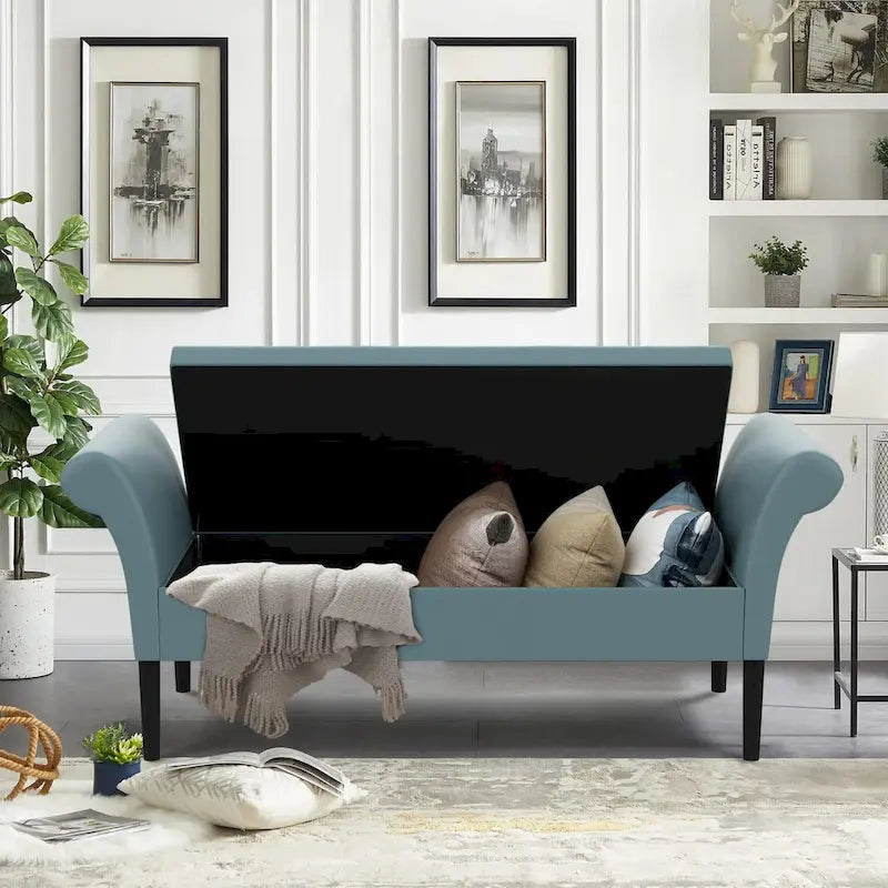Teal Tufted Storage Bench with Rolled Arms and Wood Legs