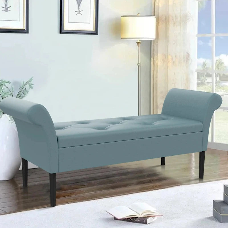Teal Tufted Storage Bench with Rolled Arms and Wood Legs