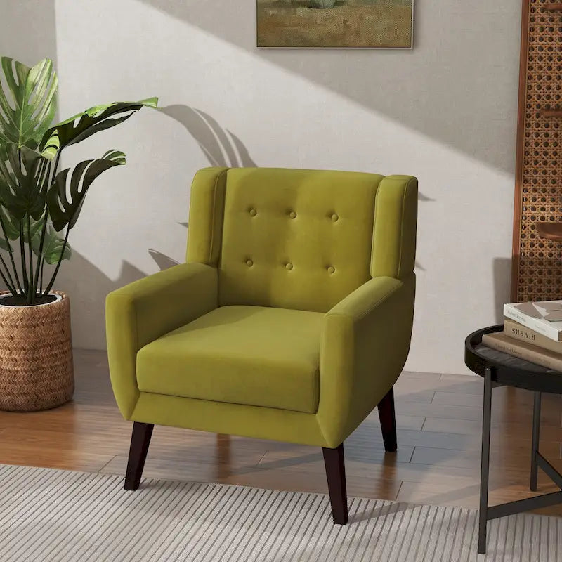 Velvet Accent Chair Tufted Wingback Armchair with Solid Wood Legs Multi-Color