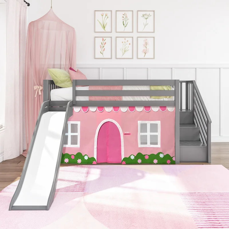 Twin Low Loft Bed with Slide, Stairs and Farmhouse Curtain