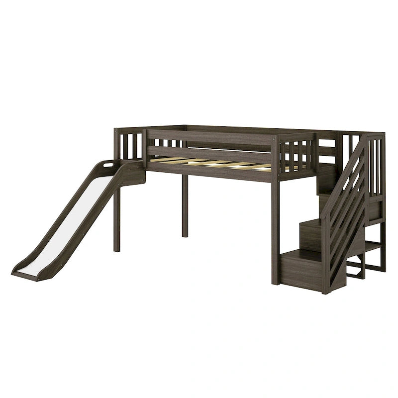 Twin Low Loft Bed with Slide, Stairs and Farmhouse Curtain