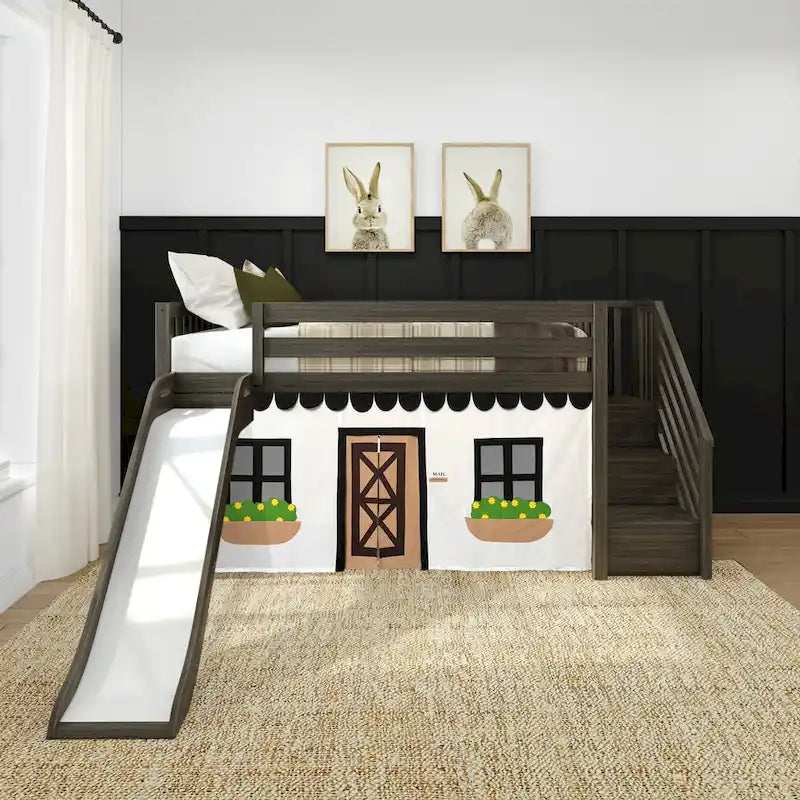 Twin Low Loft Bed with Slide, Stairs and Farmhouse Curtain