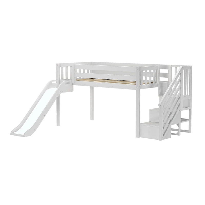 Twin Low Loft Bed with Slide, Stairs and Farmhouse Curtain