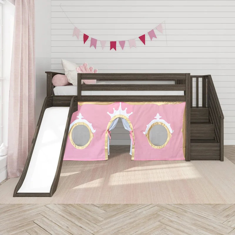 Twin Low Loft Bed with Slide, Stairs and Farmhouse Curtain