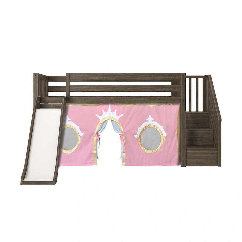 Twin Low Loft Bed with Slide, Stairs and Farmhouse Curtain
