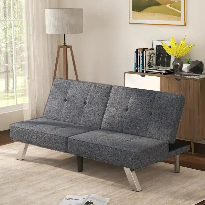 Modern Armless Loveseat Sofa Chair Couch Wood Living Room Dark Grey Linen