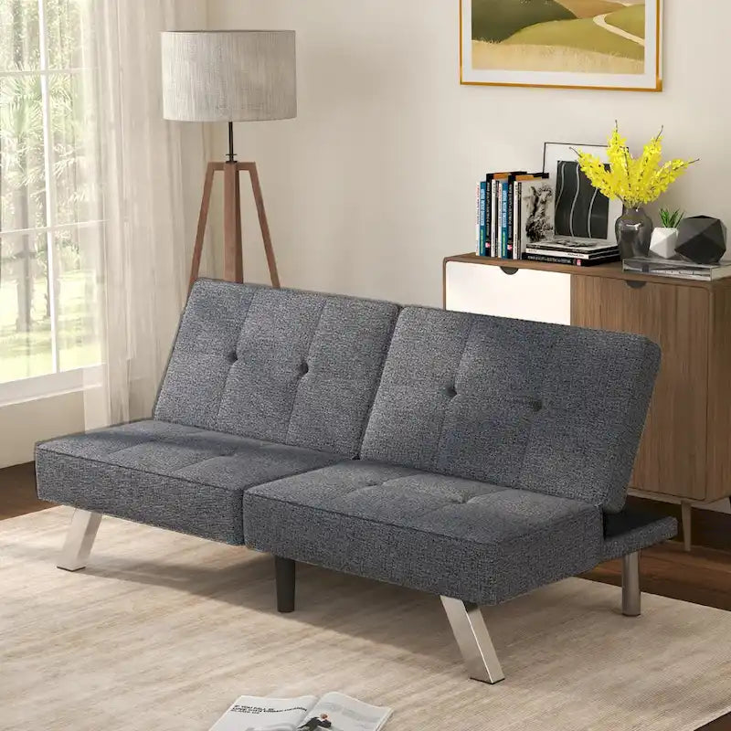 Modern Armless Loveseat Sofa Chair Couch Wood Living Room Dark Grey Linen