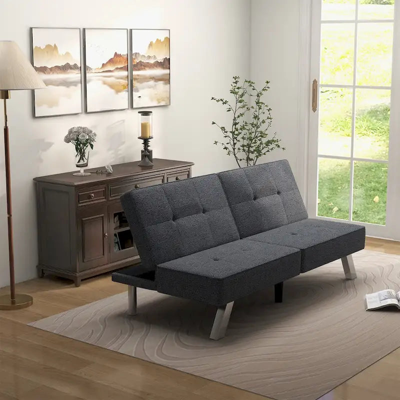 Modern Armless Loveseat Sofa Chair Couch Wood Living Room Dark Grey Linen