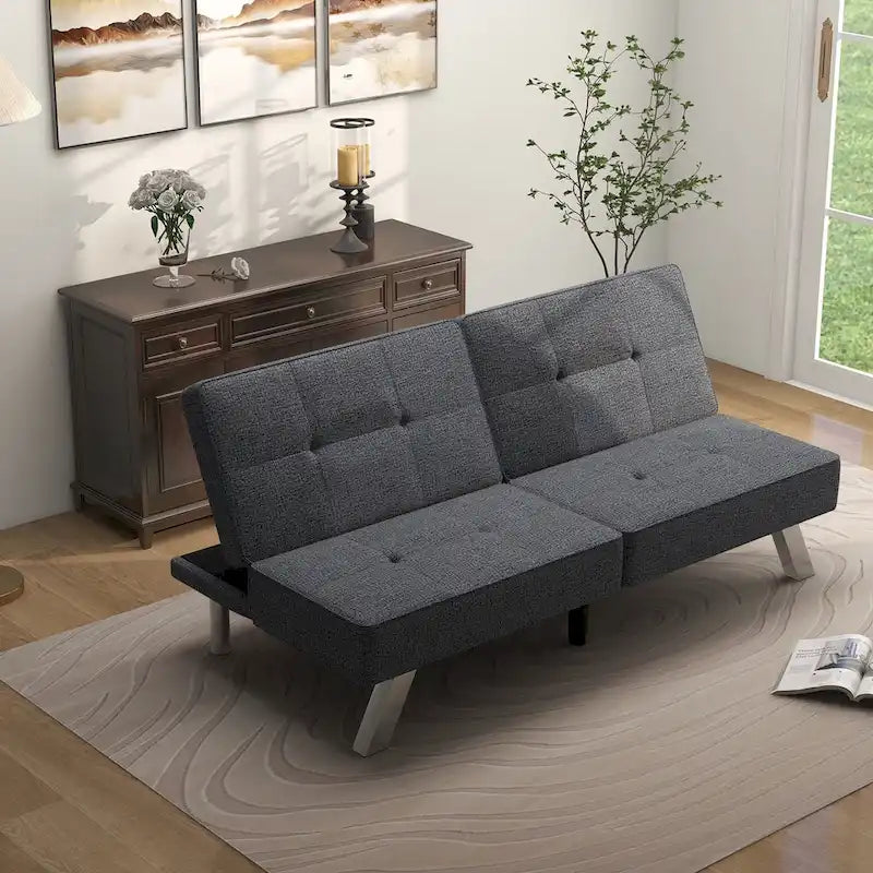 Modern Armless Loveseat Sofa Chair Couch Wood Living Room Dark Grey Linen