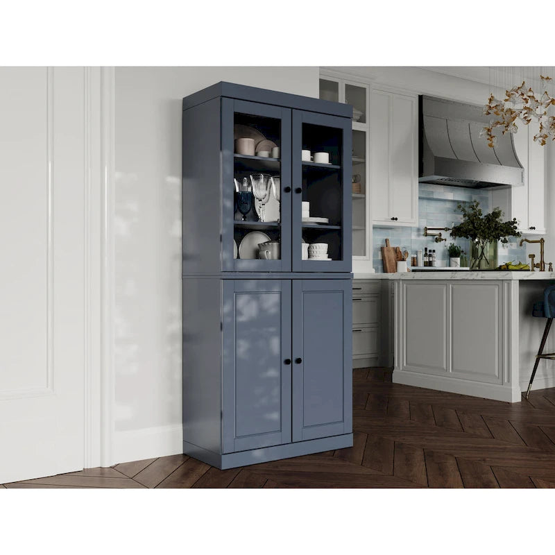Solid Wood Kitchen Pantry Cabinet with Glass Doors, Drawers, and Adjustable Shelves, White