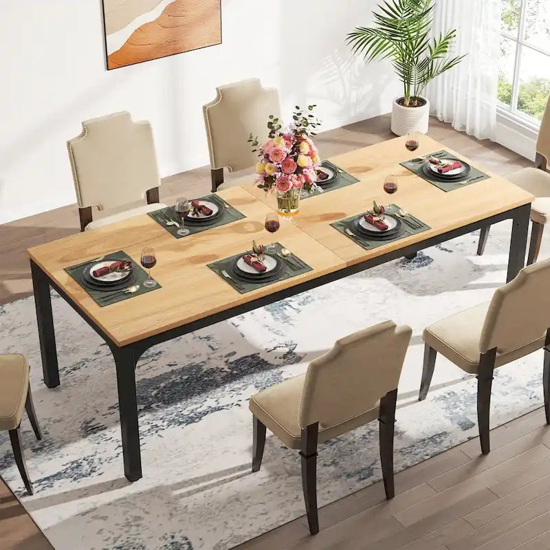 78-Inch Rectangular Dining Table for 6-8 in Rustic Wood Grain and Black