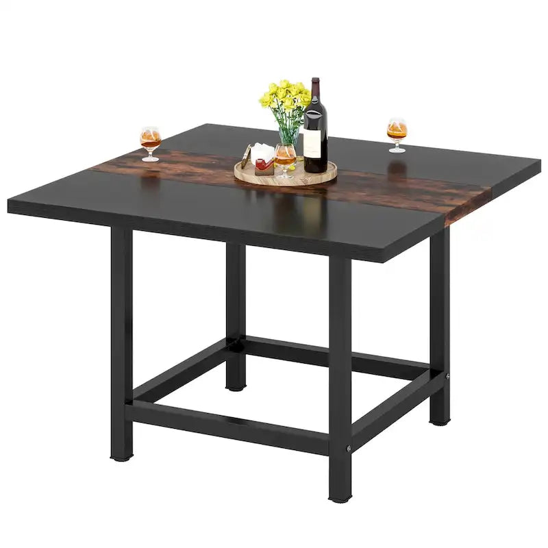 Square Dining Table with Metal Frame Legs Rustic Two-Tone Black Wood Top