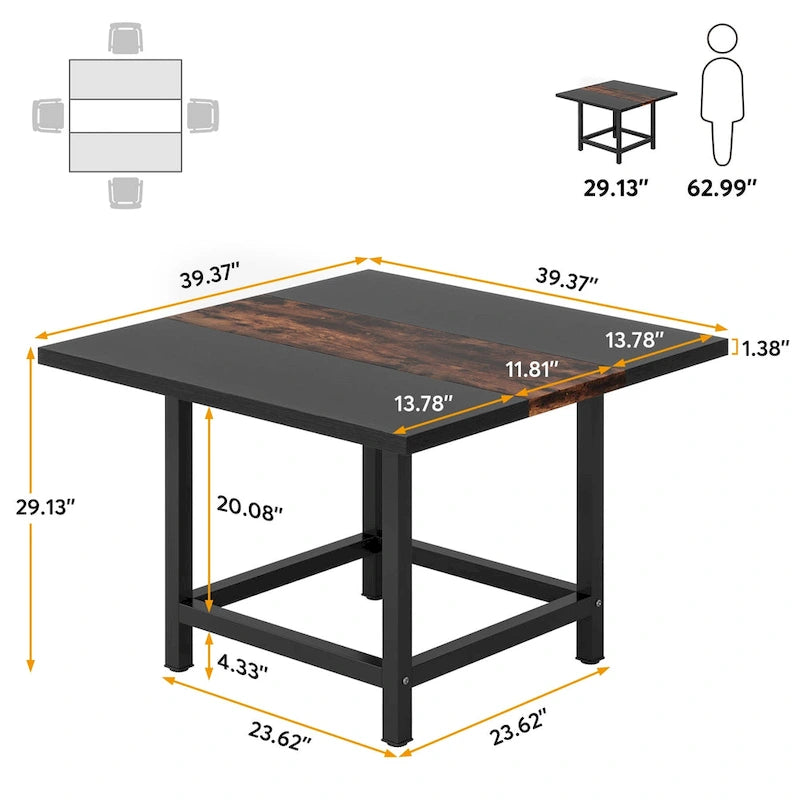 Square Dining Table with Metal Frame Legs Rustic Two-Tone Black Wood Top