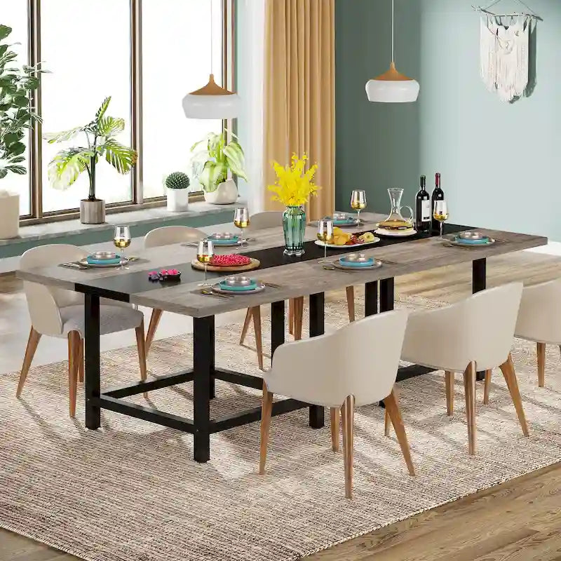 Tavolo da pranzo quadrato con gambe in metallo, piano in legno nero bicolore in stile rustico
