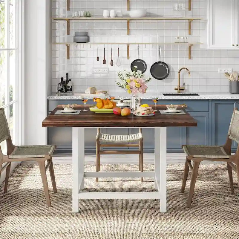 Tavolo da pranzo quadrato con gambe in metallo, piano in legno nero bicolore in stile rustico