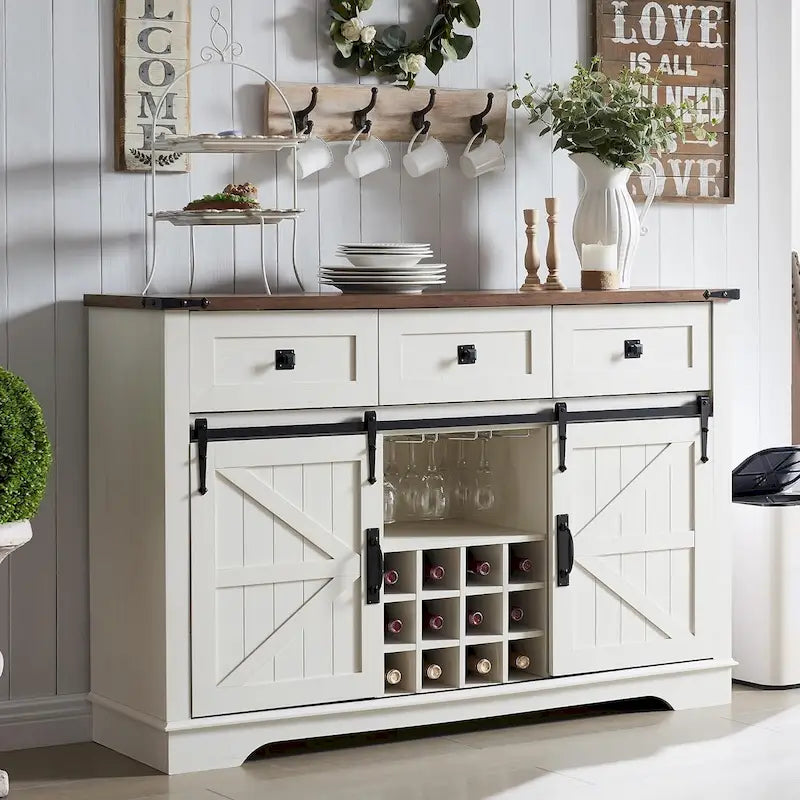 54" Farmhouse Sideboard Buffet Cabinet with Sliding Barn Doors, Wine Rack, Glass Holder, 3 Drawers, Antique White
