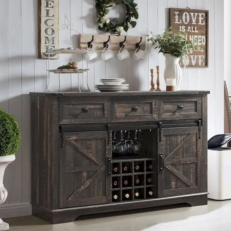 54" Farmhouse Sideboard Buffet Cabinet with Sliding Barn Doors, Wine Rack, Glass Holder, 3 Drawers, Antique White