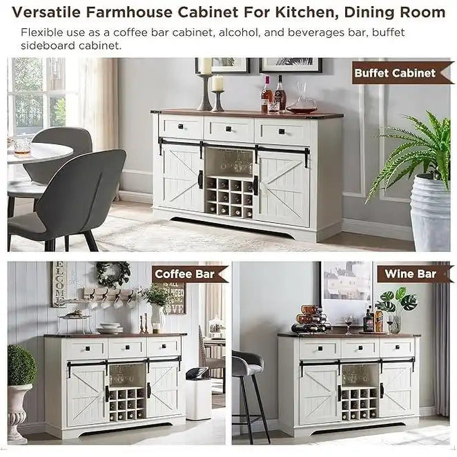 54" Farmhouse Sideboard Buffet Cabinet with Sliding Barn Doors, Wine Rack, Glass Holder, 3 Drawers, Antique White