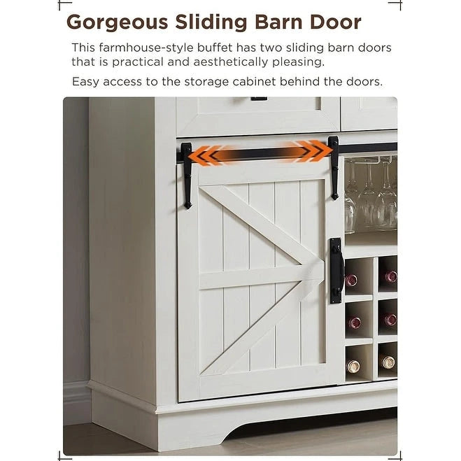 54" Farmhouse Sideboard Buffet Cabinet with Sliding Barn Doors, Wine Rack, Glass Holder, 3 Drawers, Antique White