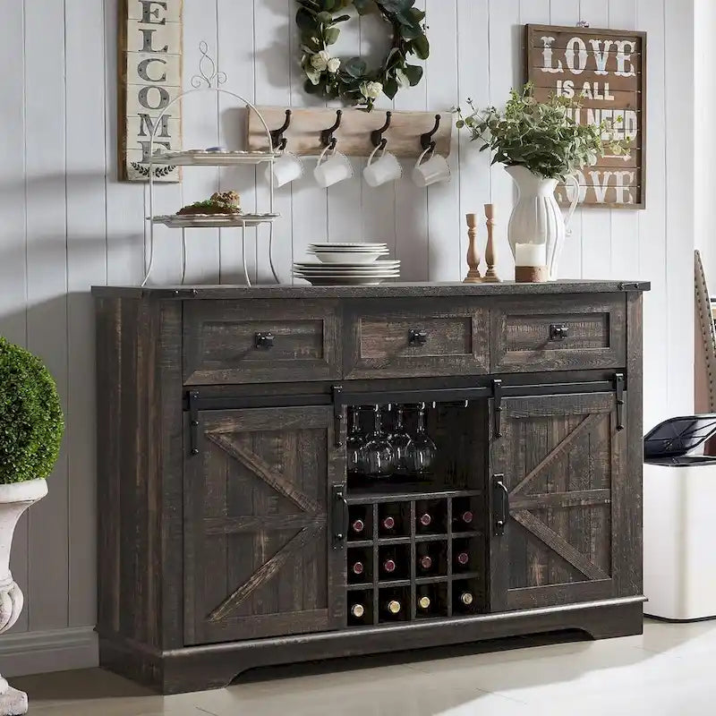 54" Farmhouse Sideboard Buffet Cabinet with Sliding Barn Doors, Wine Rack, Glass Holder, 3 Drawers, Antique White