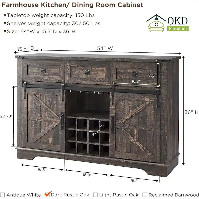 54" Farmhouse Sideboard Buffet Cabinet with Sliding Barn Doors, Wine Rack, Glass Holder, 3 Drawers, Antique White