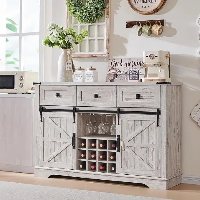 54" Farmhouse Sideboard Buffet Cabinet with Sliding Barn Doors, Wine Rack, Glass Holder, 3 Drawers, Antique White