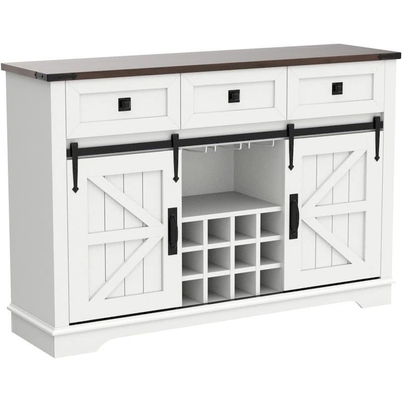 54" Farmhouse Sideboard Buffet Cabinet with Sliding Barn Doors, Wine Rack, Glass Holder, 3 Drawers, Antique White