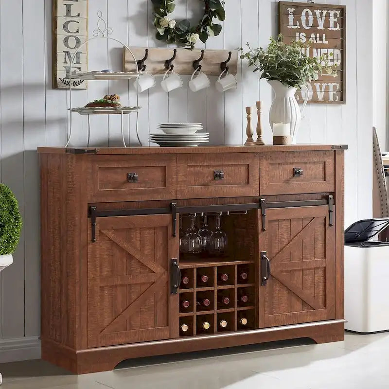 54" Farmhouse Sideboard Buffet Cabinet with Sliding Barn Doors, Wine Rack, Glass Holder, 3 Drawers, Antique White