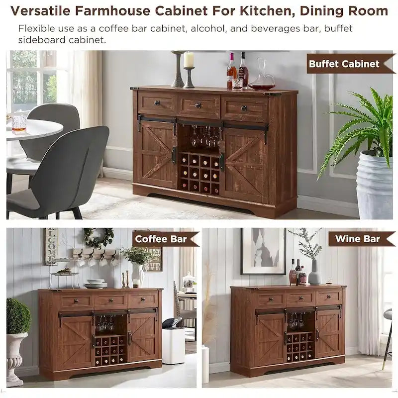 54" Farmhouse Sideboard Buffet Cabinet with Sliding Barn Doors, Wine Rack, Glass Holder, 3 Drawers, Antique White