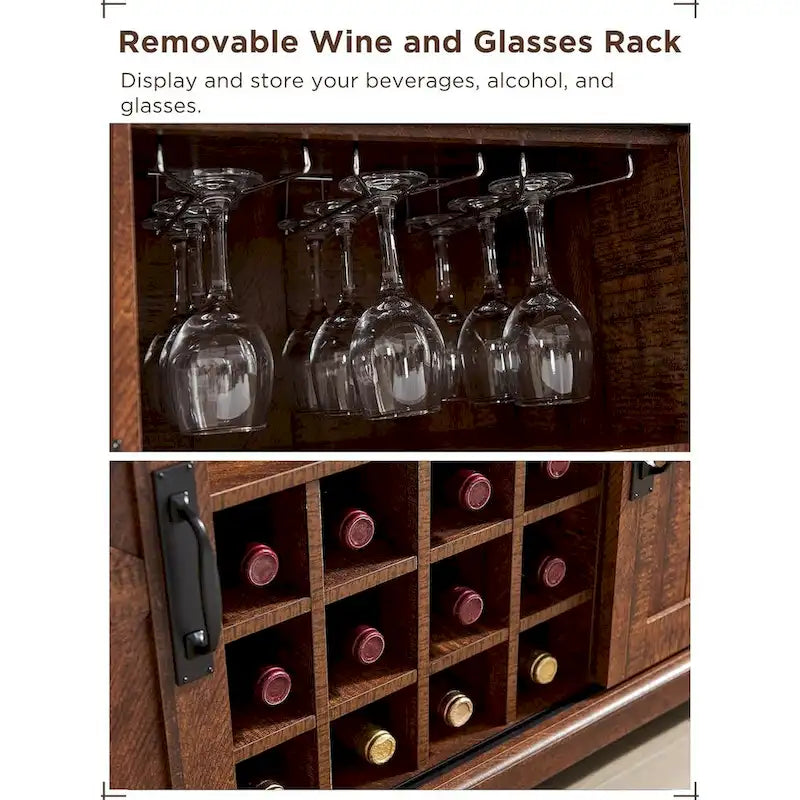 54" Farmhouse Sideboard Buffet Cabinet with Sliding Barn Doors, Wine Rack, Glass Holder, 3 Drawers, Antique White