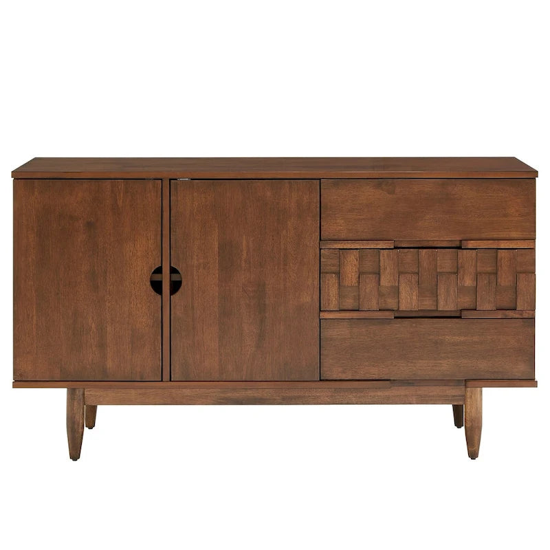 Mid-Century Rubberwood 2-Door 3-Drawer Buffet Server with Geometric Panels