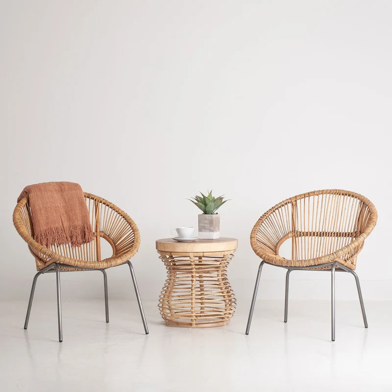 Handwoven Natural Rattan Papasan Accent Chair with Silver-Grey Metal Legs