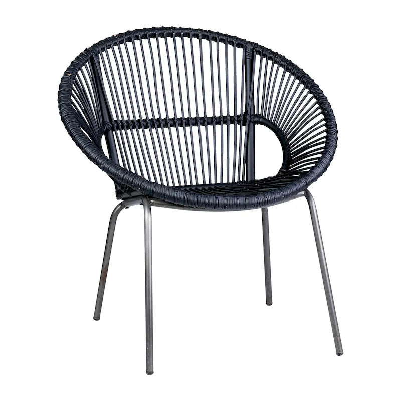 Handwoven Natural Rattan Papasan Accent Chair with Silver-Grey Metal Legs