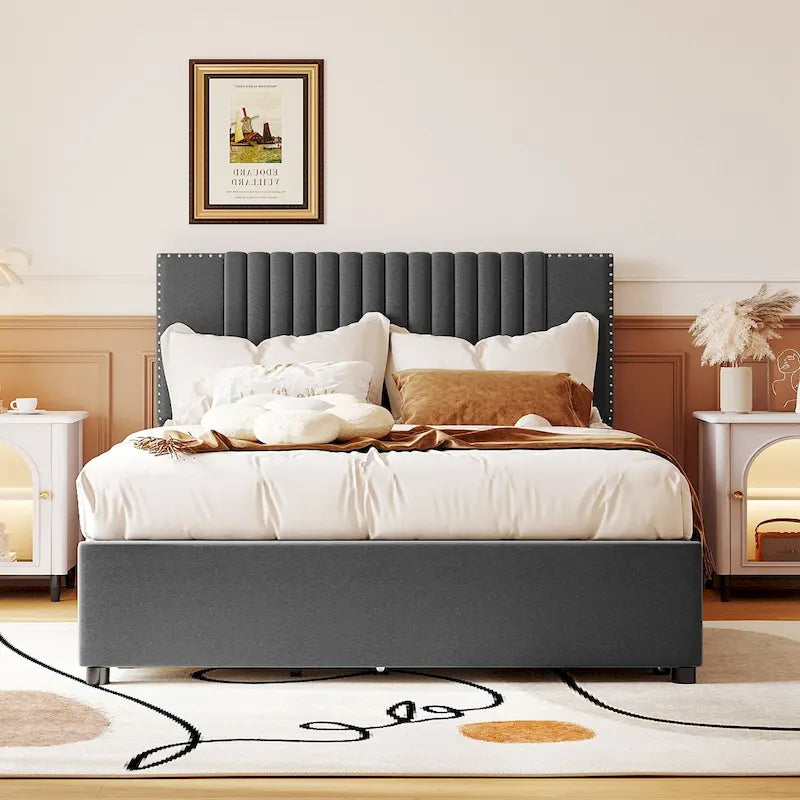 Full Size Upholstered Platform Bed with Channel-Tufted Velvet Headboard and Storage Drawers