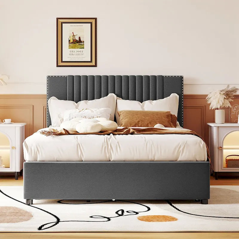 Full Size Upholstered Platform Bed with Channel-Tufted Velvet Headboard and Storage Drawers