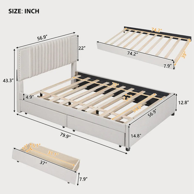 Full Size Upholstered Platform Bed with Channel-Tufted Velvet Headboard and Storage Drawers