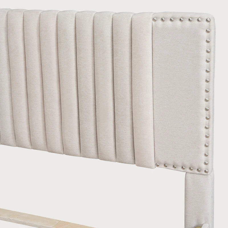 Full Size Upholstered Platform Bed with Channel-Tufted Velvet Headboard and Storage Drawers