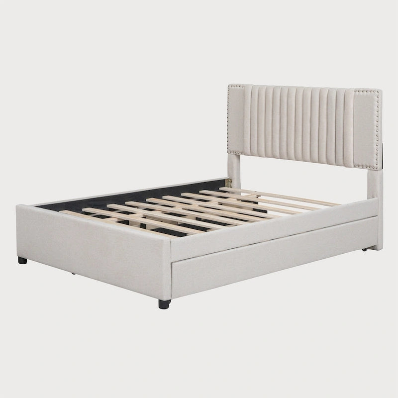 Full Size Upholstered Platform Bed with Channel-Tufted Velvet Headboard and Storage Drawers