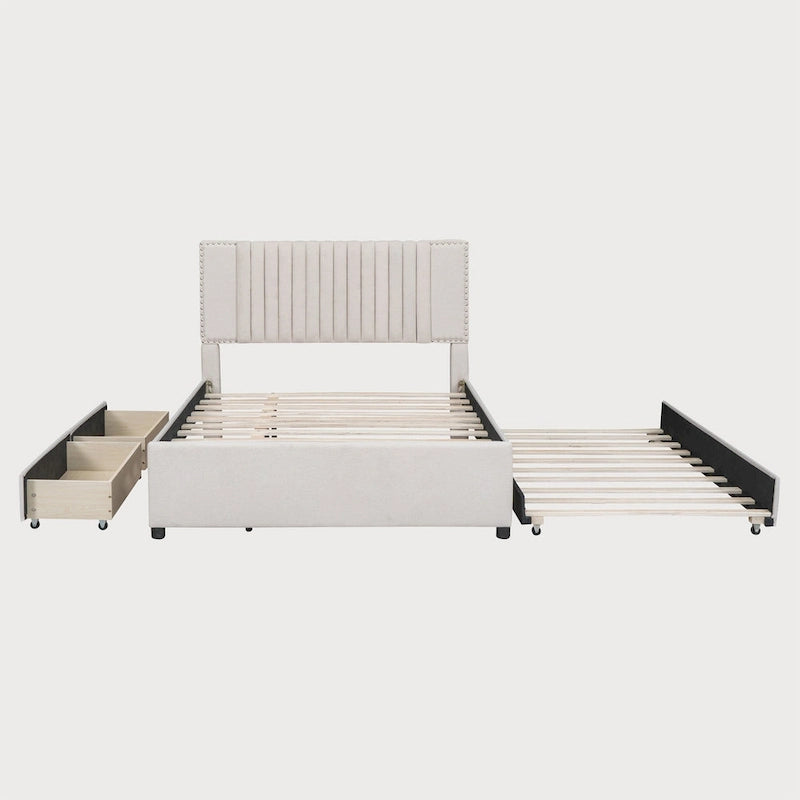 Full Size Upholstered Platform Bed with Channel-Tufted Velvet Headboard and Storage Drawers