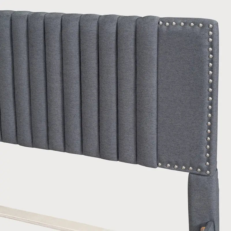 Full Size Upholstered Platform Bed with Channel-Tufted Velvet Headboard and Storage Drawers