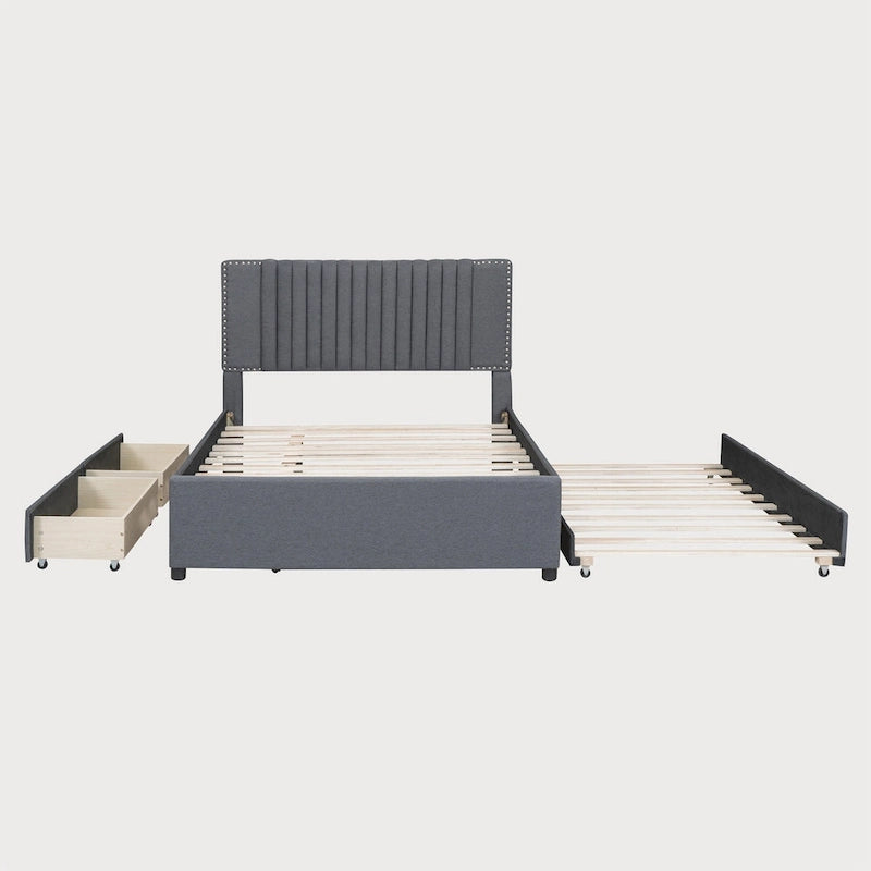 Full Size Upholstered Platform Bed with Channel-Tufted Velvet Headboard and Storage Drawers