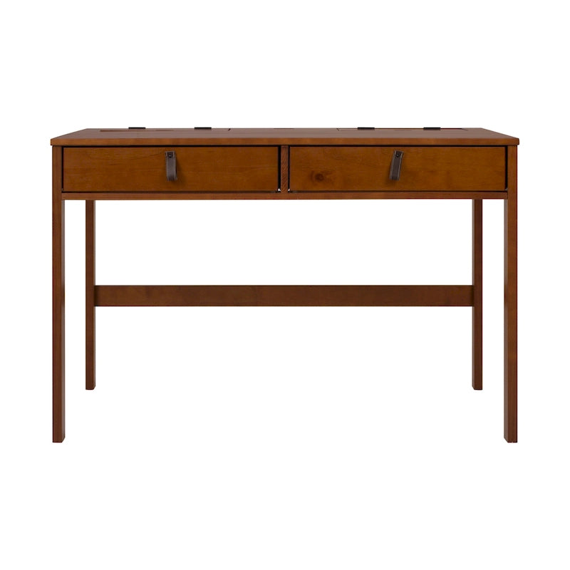Modern Wood Writing Desk with Two Drawers and Leather Handles