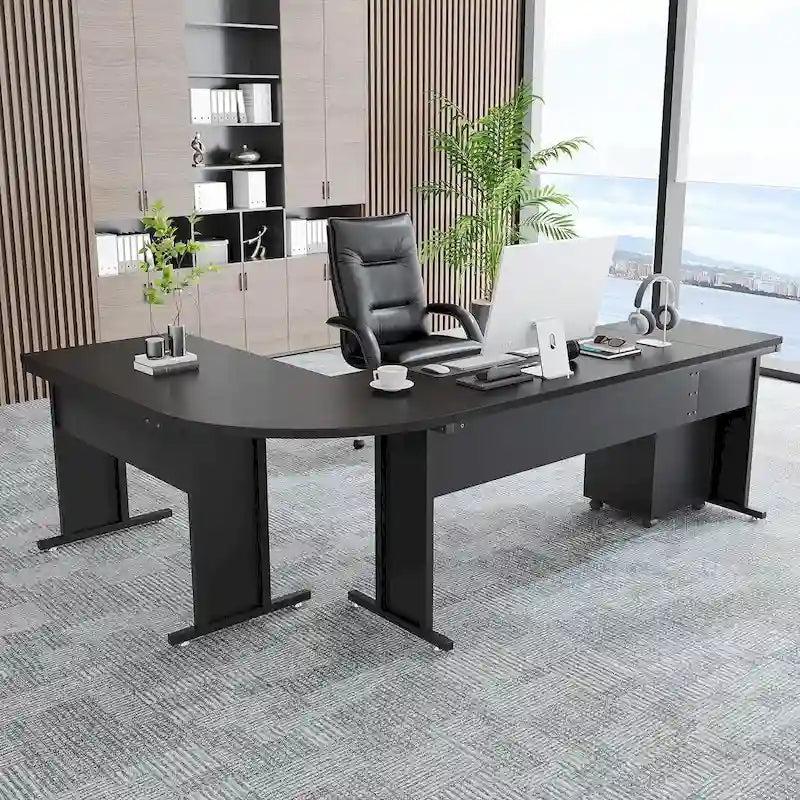 L-Shaped Computer Desk with Rolling File Cabinet and Drawer Storage, Black