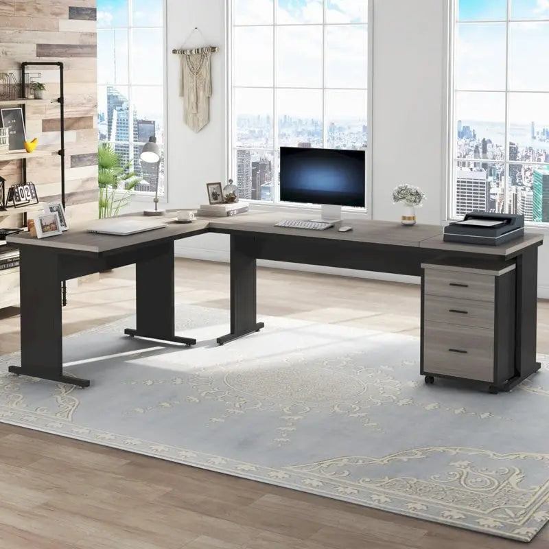 L-Shaped Computer Desk with Rolling File Cabinet and Drawer Storage, Black