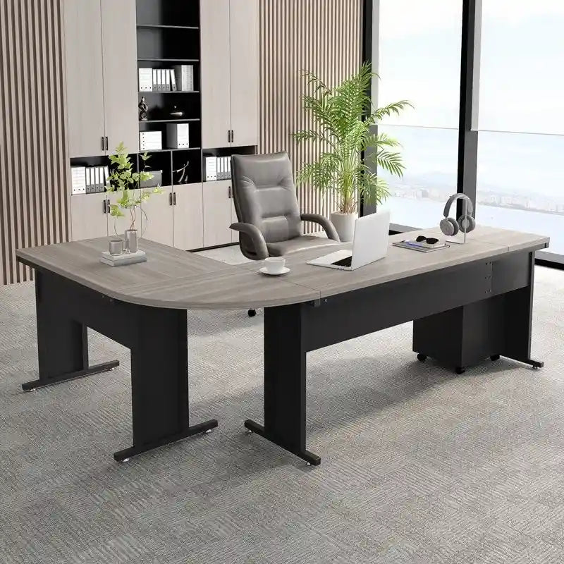 L-Shaped Computer Desk with Rolling File Cabinet and Drawer Storage, Black