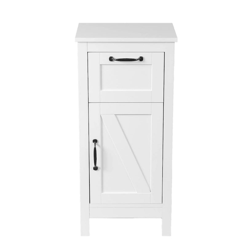 White Farmhouse Bathroom Floor Cabinet with Drawer and Door Matte Black Hardware